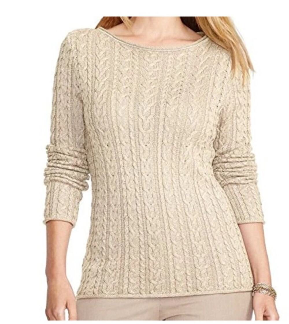 Ralph Lauren Womens M Ivory Cable Knit Sweater Classic Pullover Preppy